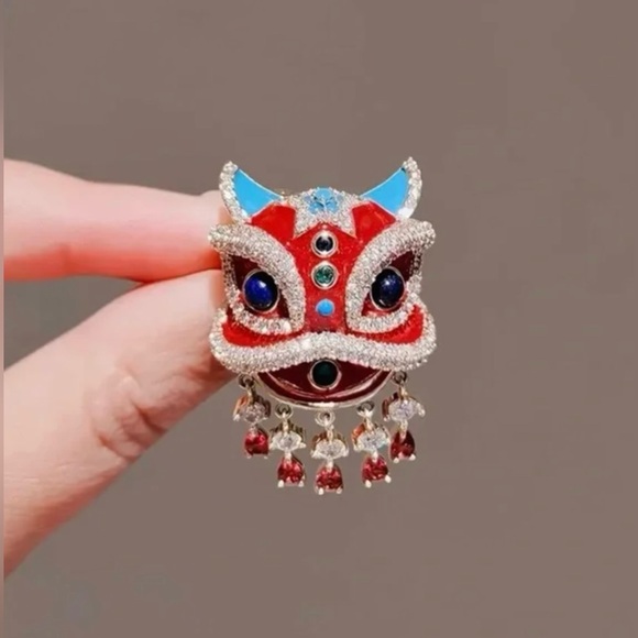Red Lion Dance Brooch Pin with Crystal Accents Chinese Inspired Design - Picture 6 of 7